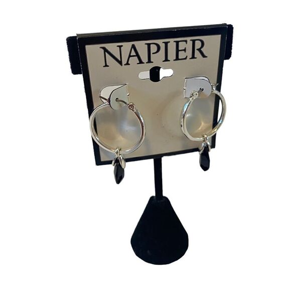 Napier Silver Toned Hoop w/ faceted black bead. - Picture 2 of 5